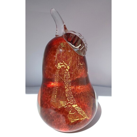 David Lewin FTM Art Glass Pear Paperweight Orange/ Gold1996